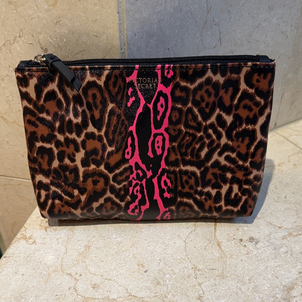 Victoria's Secret Leopard Print Pouch with Hot Pink Stripe